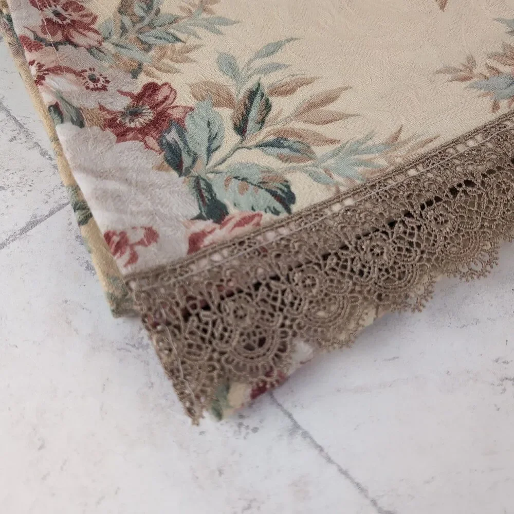 Beige Jacquard Floral Table Runner with Gold Lace Trim French Country Cottage